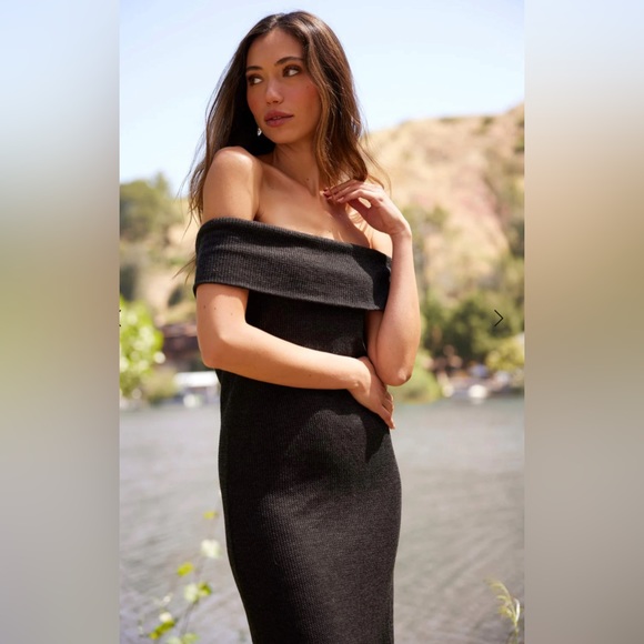 Sol Angeles Thermal Off-The-Shoulder Black Midi Dress Small - Picture 5 of 8